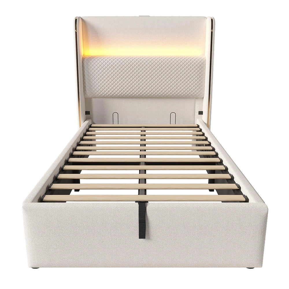 Letto 90x200cm?- Xylo - idraulico LED USB lino beige