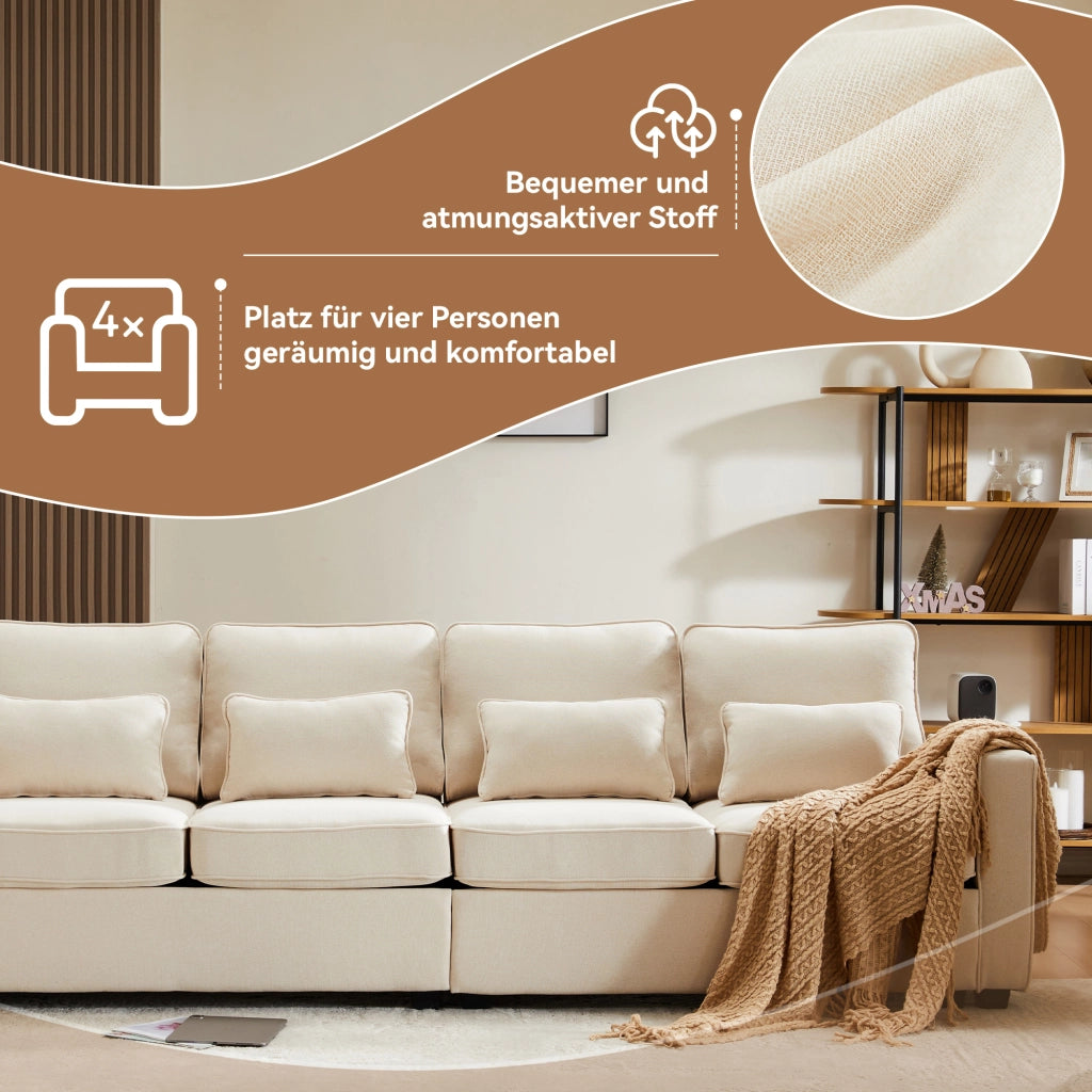 Sofa 4 posti moderno in lino - Zephmum- Con tasche braccioli e 4 cuscini