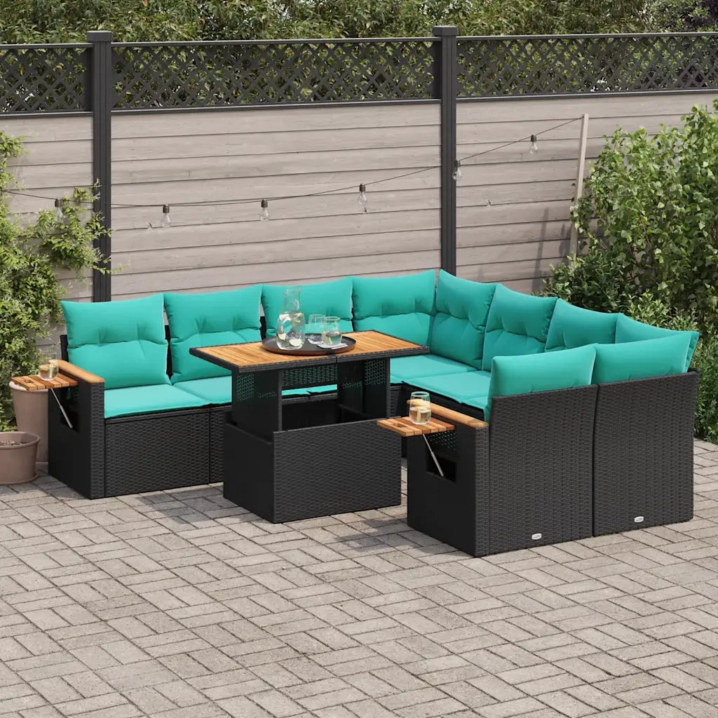 Set Divani da Giardino 9 pz con Cuscini Nero in Polyrattan 3327578
