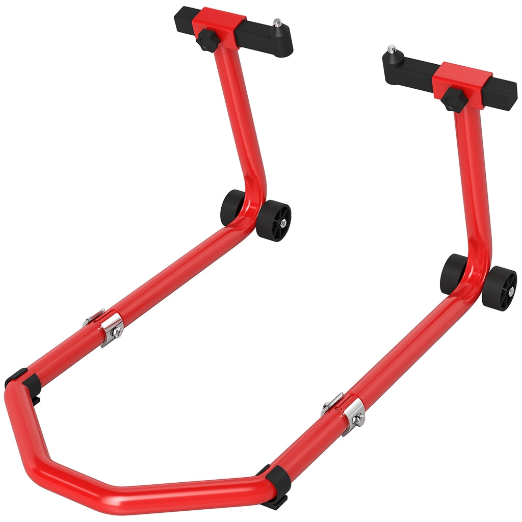 Cavalletto Moto Anteriore e Posteriore con Capacit¨¤ 390 kg, Forcelle a U e L, Rotelle e Cuscinetti Antiscivolo, Rosso