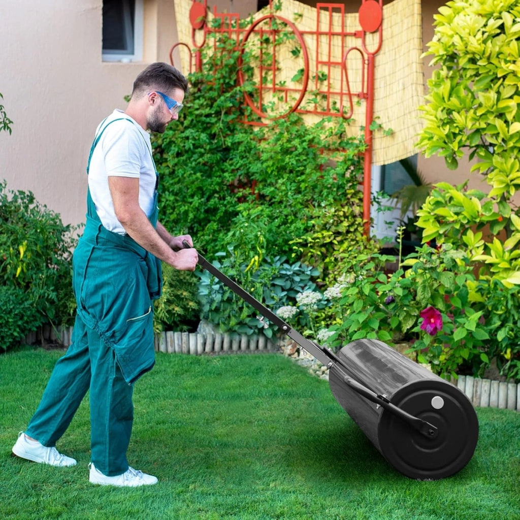 Rullo per prato in metallo per cortile parco fattoria, Rullo per prato spingere/tirare da 113 L riempito di acqua/sabbia con manico antiscivolo Nero