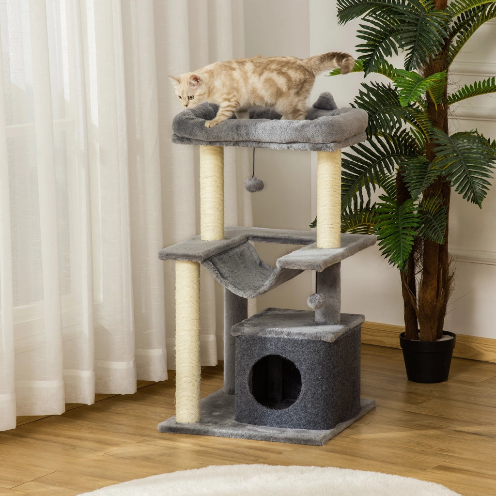 Tiragraffi per Gatti con Casetta e Amaca ¨C Minimal ¨C Grigio 100cm