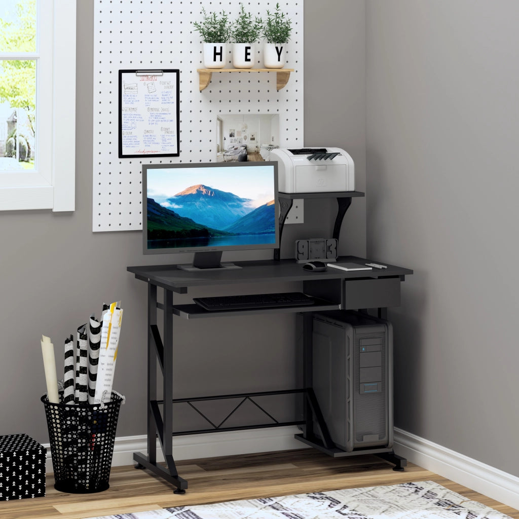 Scrivania da Ufficio con Cassetto e Ripiano Tastiera ¨C Zephmum ¨C Nero, Acciaio e Legno, 90x50x100 cm