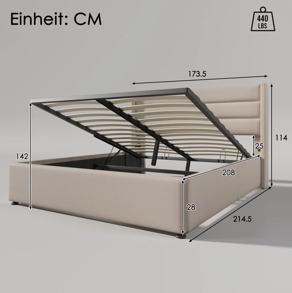 Letto contenitore 160x200 cm; idraulico con testiera imbottita; lino; beige (Senza materasso)