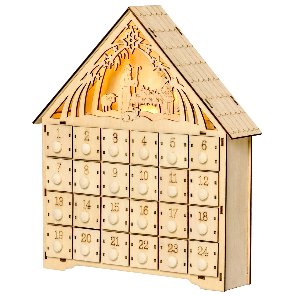 Calendario dell'Avvento in Legno con 24 Cassetti Decorazione Natalizia Presepe Intagliato Luci LED - Minimal - 26.6x6x30cm