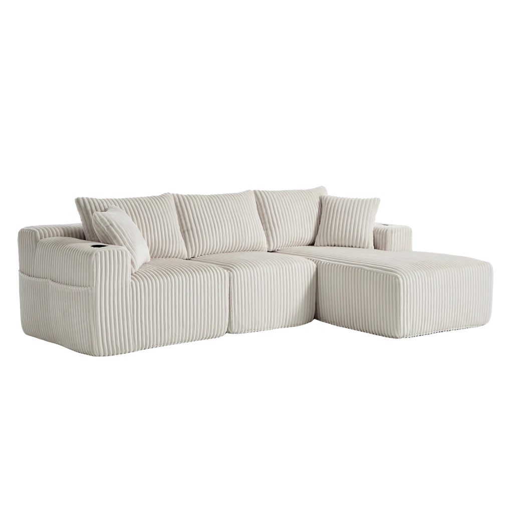 Divano Modulare con Chaise Longue e 2 Posti ¨C MINIMAL ¨C Velluto a Coste, Cuscini, Portabicchieri