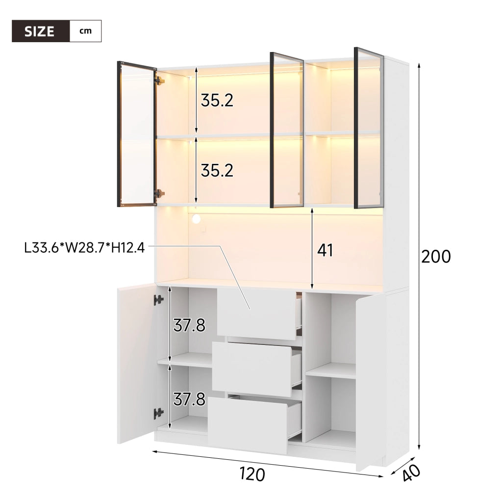 Vetrina in vetro con LED 120x40x200 cm; 3 cassetti; 2 ante; MDF bianco