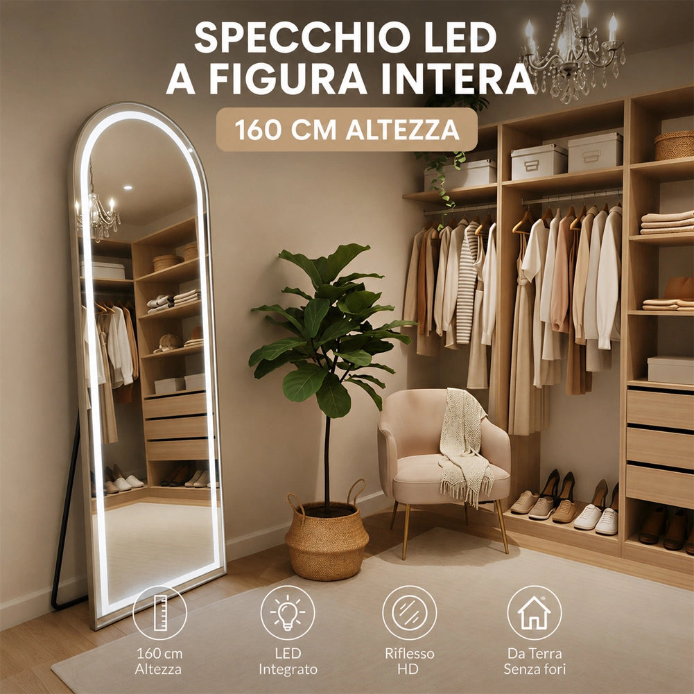 Specchio ad Arco Figura Intera Alluminio e Led a 3 Colori Dimmerabile 160x50cm