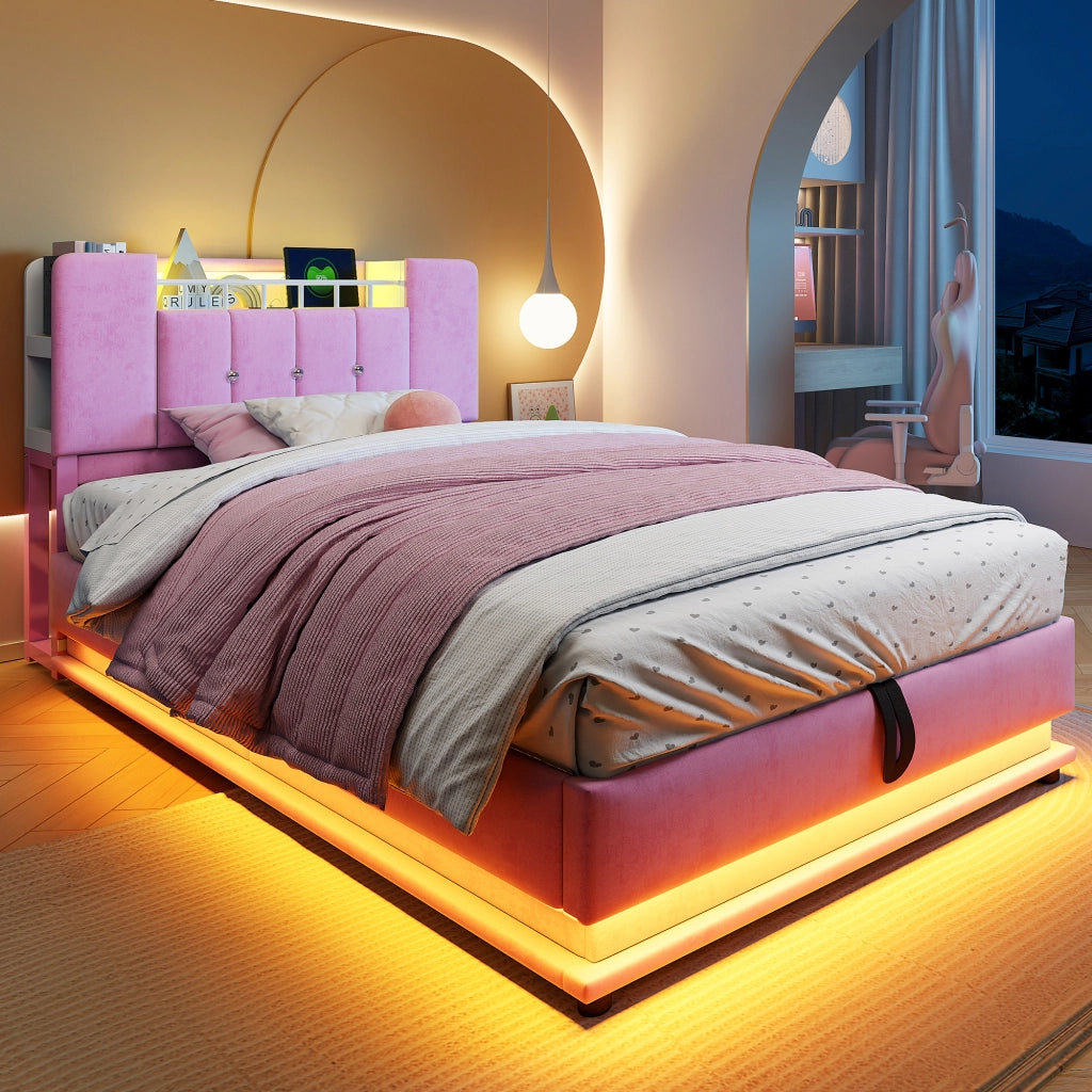 Letto imbottito per bambini 90x200 cm con LED, USB e contenitore idraulico, velluto rosa