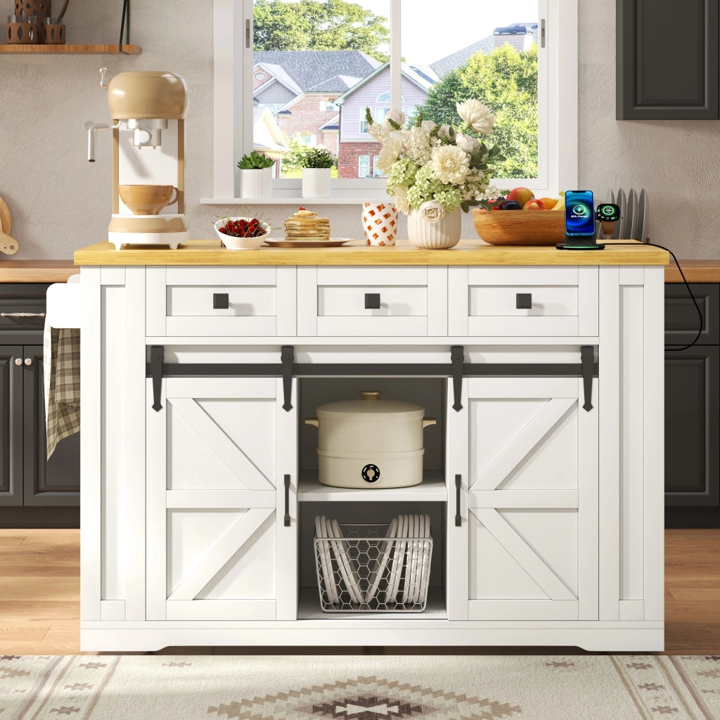 Isola da cucina mobile con piano ribaltabile; ante scorrevoli e prese; bianco e legno; 130x50(80)x87 cm