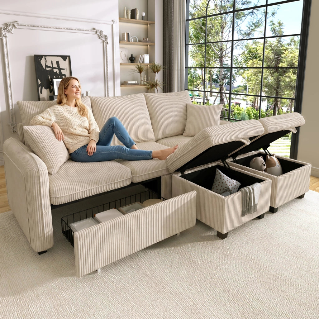DIVANO 3 posti modulare con 2 pouf contenitore, tessuto corda beige