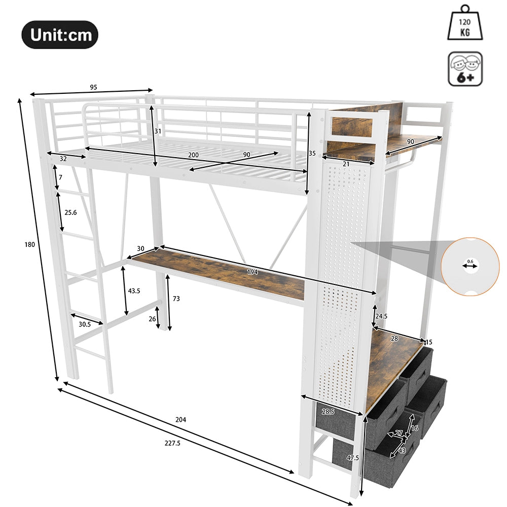 Letto a soppalco - Xylo - 90x200 cm scrivania USB bianco