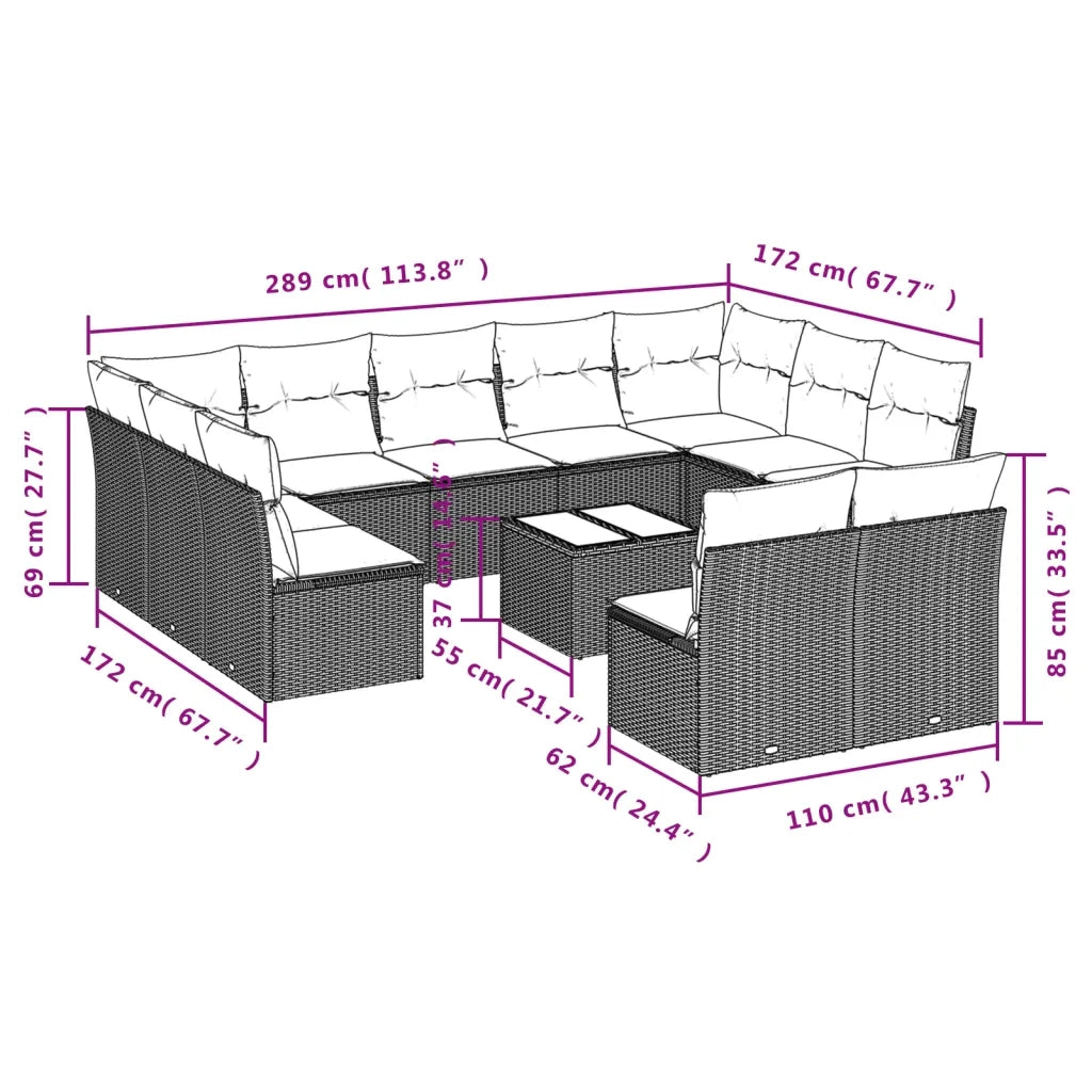 Set Divani da Giardino 12 pz con Cuscini Nero in Polyrattan 3250195