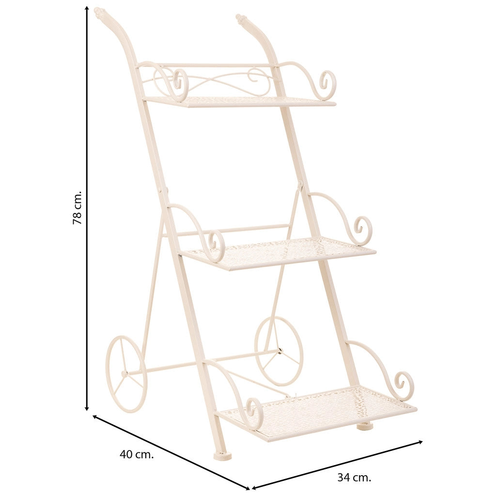 Carrello a 3 ripiani per pentole in ferro battuto bianco 40x34x76