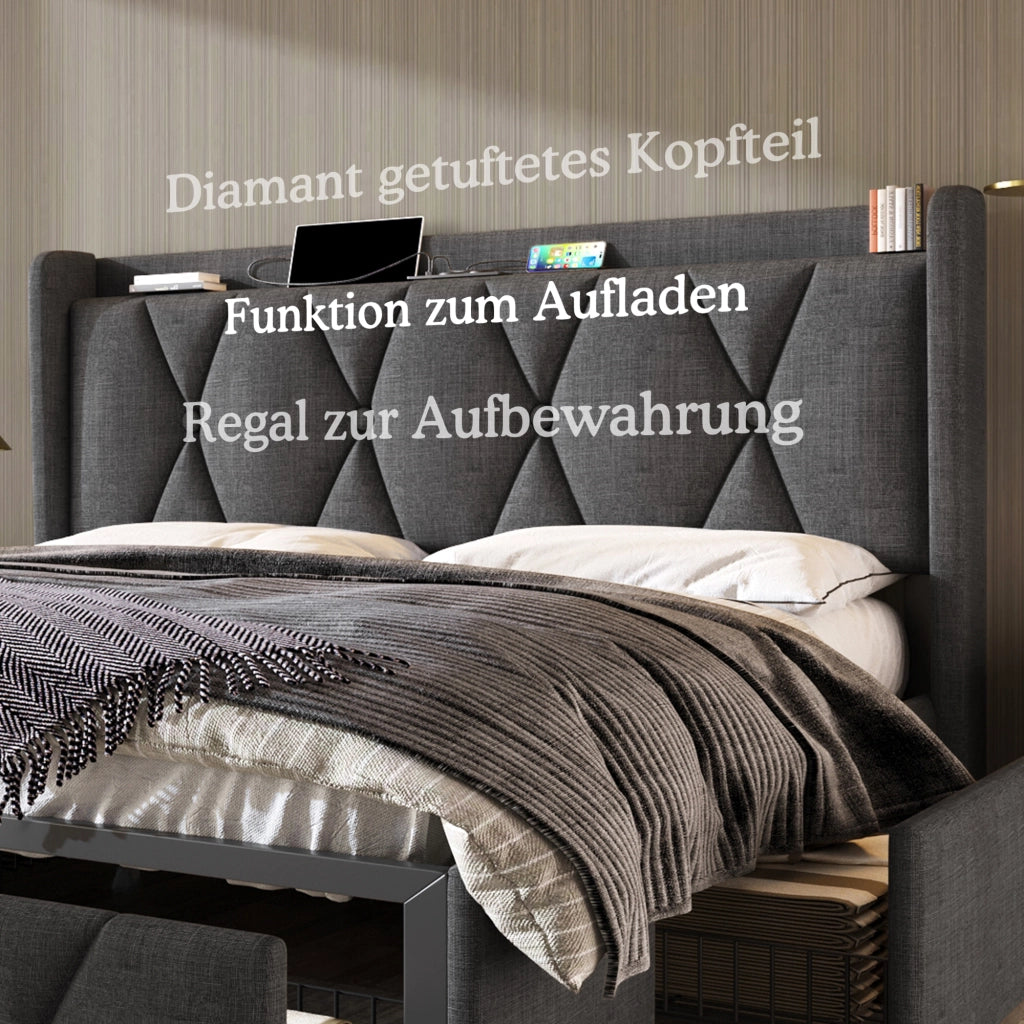 LETTO Contenitore 140x200 cm Grigio in lino con 4 cassetti, USB e prese