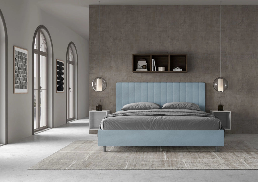 BS COM Letto matrimoniale king size contenitore imbottito 190x190 microfibra azzurro