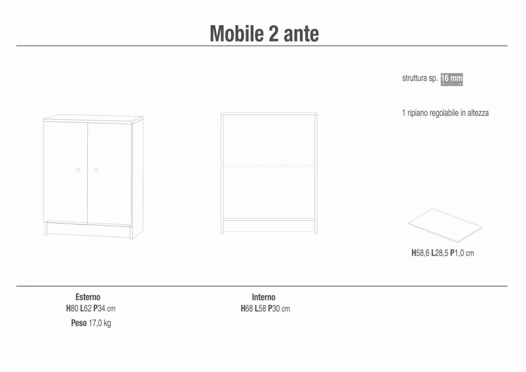 Armadietto mobile 2 ante 62x34x80H cm in kit di montaggio colore Eucalipto