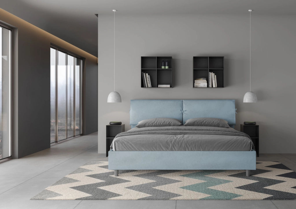 BS COM Letto matrimoniale king size contenitore imbottito 200x210 microfibra azzurro