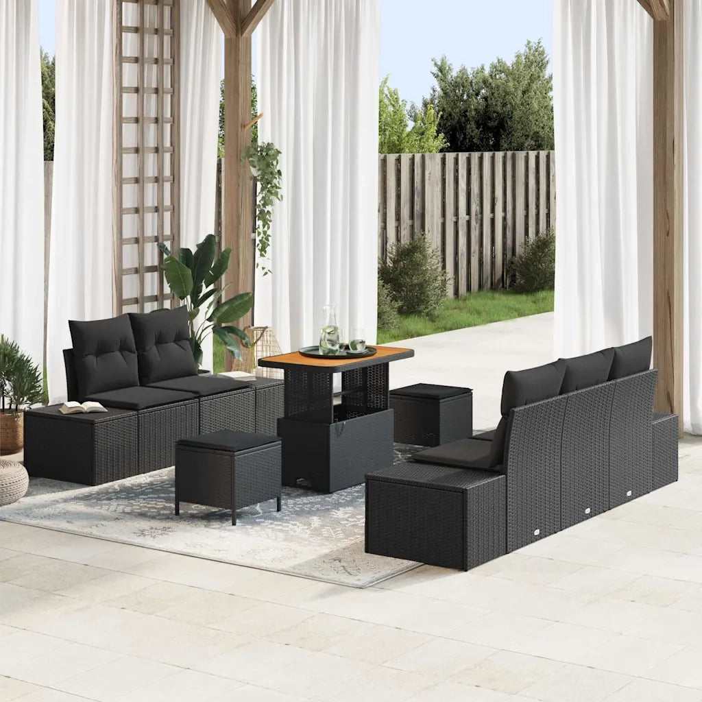 Set Divano da Giardino con cuscino 8 pcs Nero polyrattan