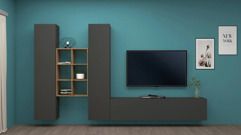 Parete attrezzata Acuto, Set salotto porta TV a 3 ante, Mobile soggiorno multiuso, 100% Made in Italy, cm 320x30h180, Antracite e Acero