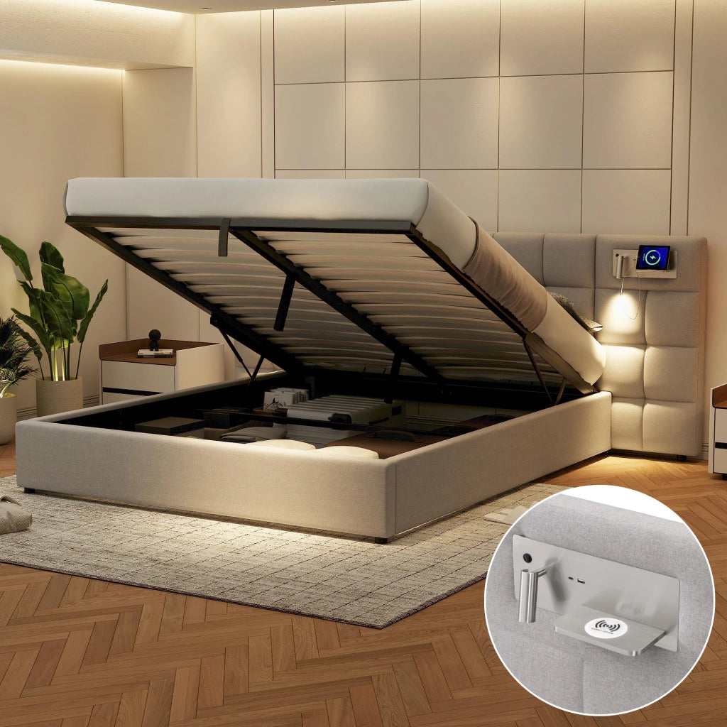 Letto imbottito 180x200 cm - Zephmum - USB, ricarica wireless, luce, contenitore