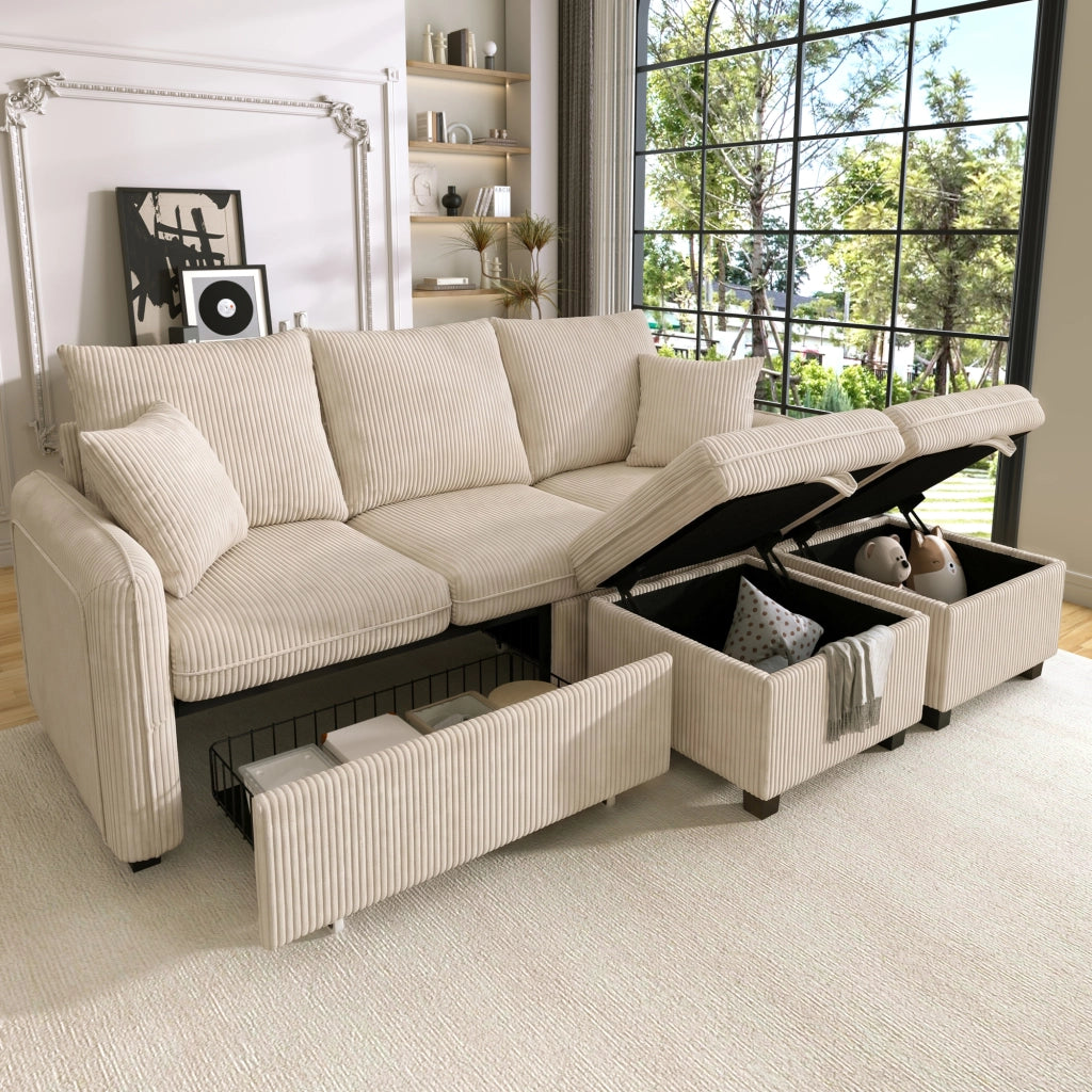DIVANO 3 posti modulare con 2 pouf contenitore, tessuto corda beige