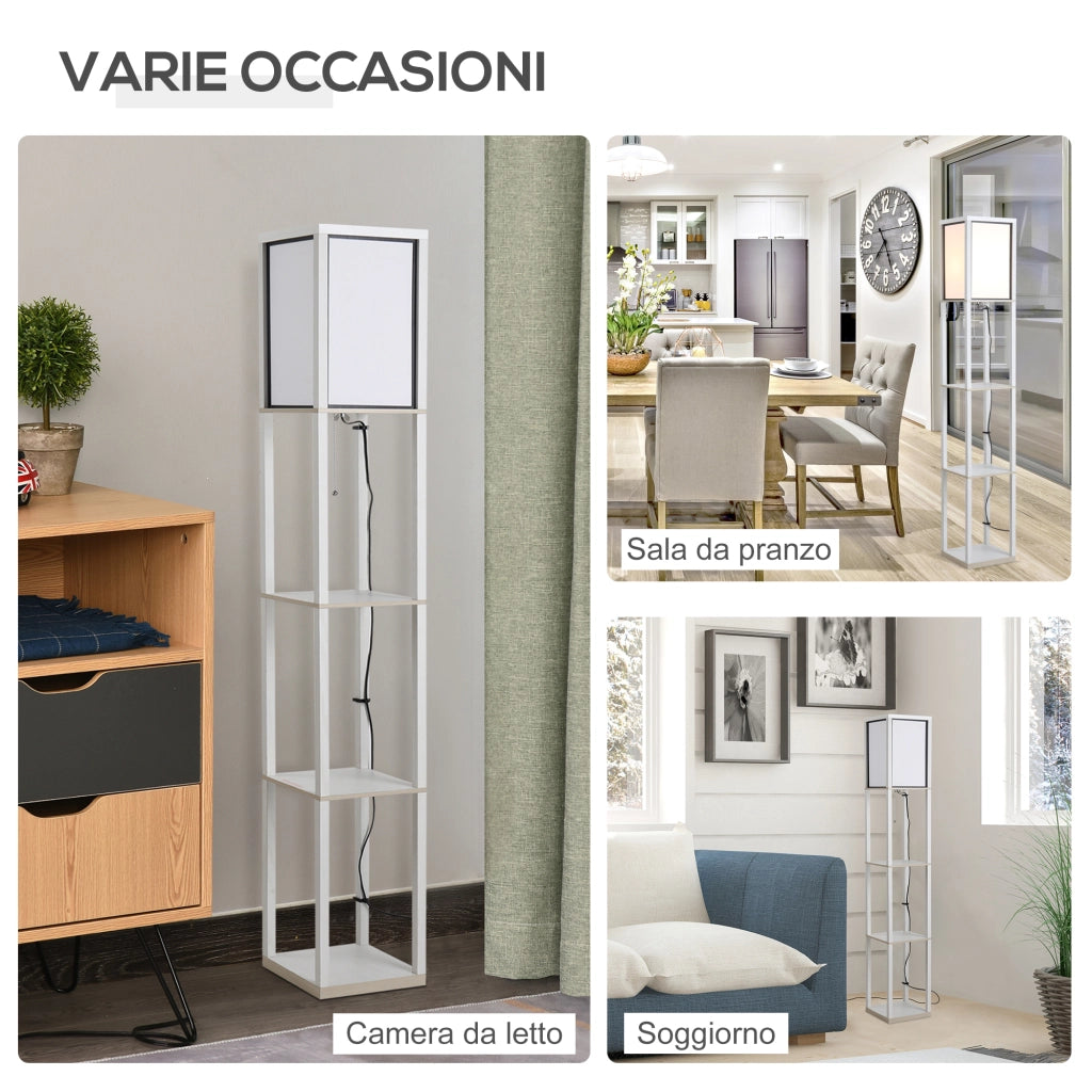 Lampada da Terra con Mensole ¨C Xylo ¨C Legno Bianco 160 cm con Interruttore
