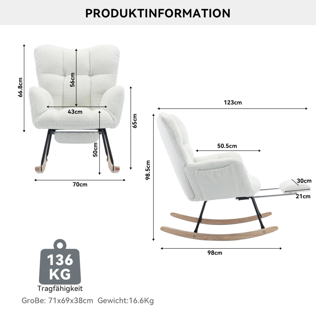 Poltrona a Dondolo Imbottita con Poggiapiedi ¨C MINIMAL ¨C Tessuto Boucl¨¦ Bianco