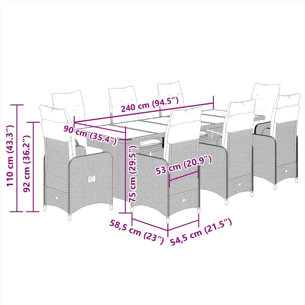 Set Bistrò da Giardino 9 pz con Cuscini in Polyrattan Marrone