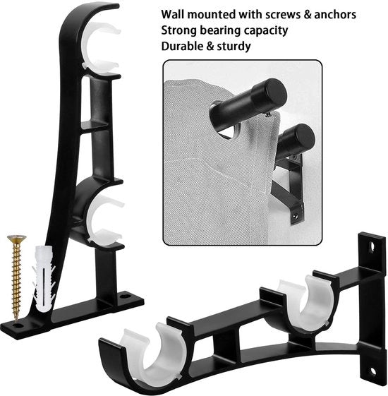 Sistema di Supporto per Tende Robusto in Metallo - Supporto per Tende a Doppio Braccio - Nero - Adatto per 25-32 mm - Contenuto 2 Pezzi - Supporto per Tende