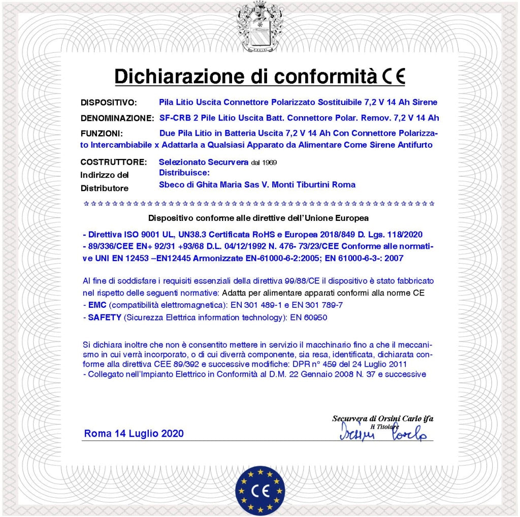 Pila litio ER34615M 7,2 V 14 Ah 2 Batterie Non Ricaricabile Ricambio Compatibile Sirena Radio Connettore Polarizzato Sostituibile Dimensioni H62XL69Ø34 mm Peso 231 gr Pronta all'Uso Direttiva ISO 9001