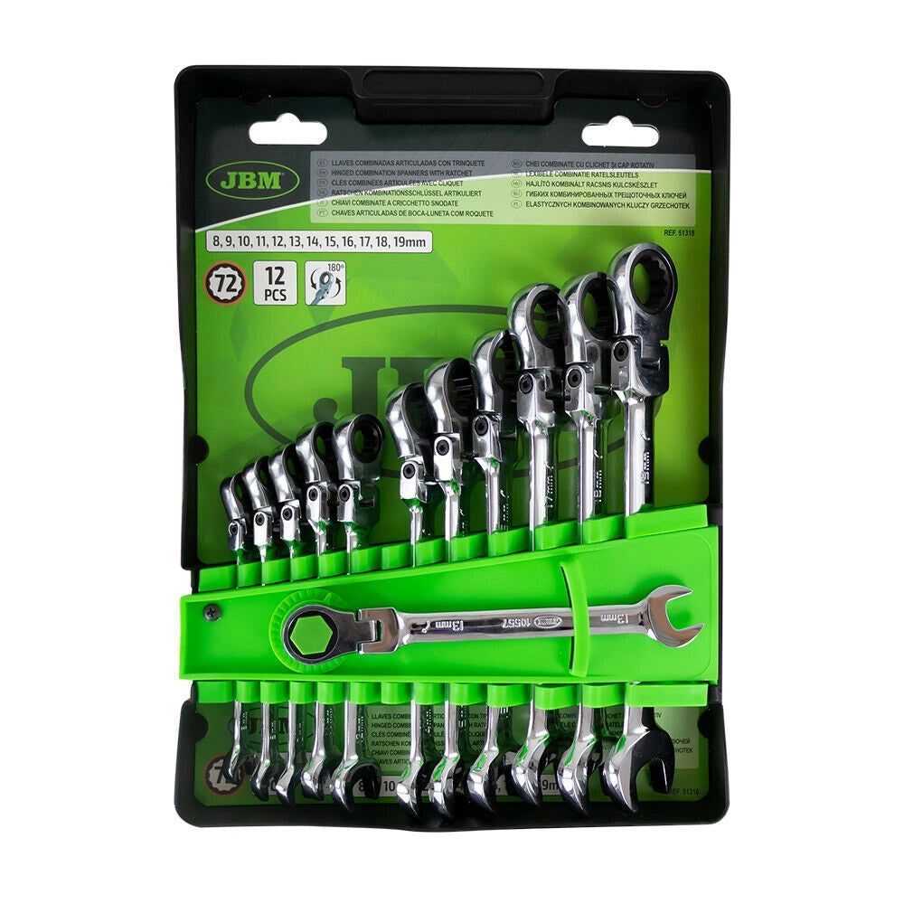 KIT DI 12 CHIAVI COMBINATE A CRICCHETTO SERIE SNODATE MISURA 8 A 19 CON SNODO