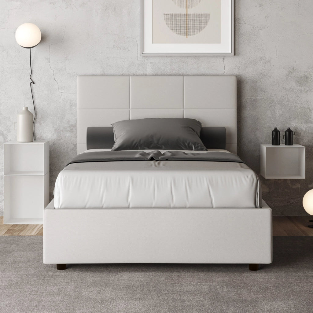 BS COM Letto una piazza e mezza con rete imbottito 120x190 similpelle bianco