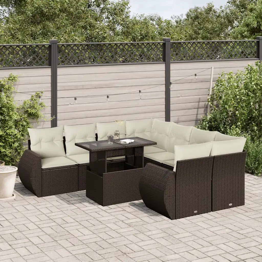 Set Divani da Giardino 9pz con Cuscini Marrone in Polyrattan