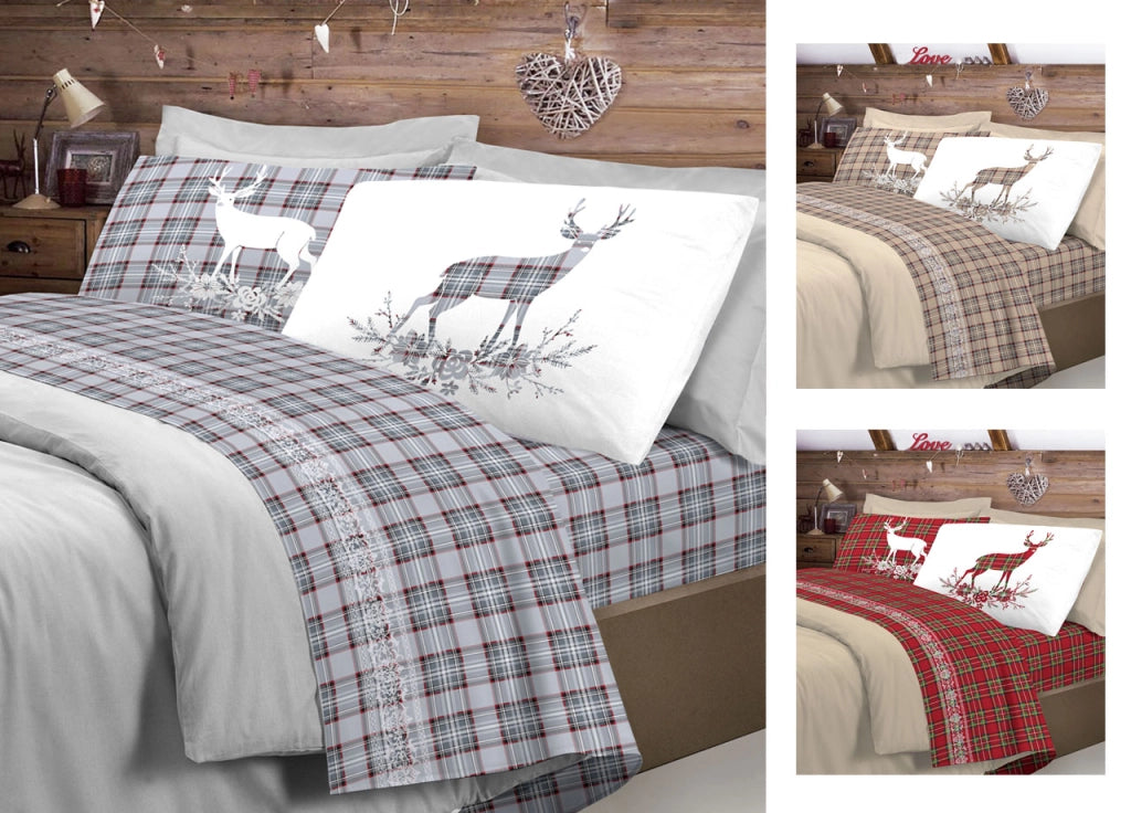 Completo Lenzuola Linea Pensieri Delicati 100% Cotone Disegno Cervo Tartan - Piazza E Mezza - Beige