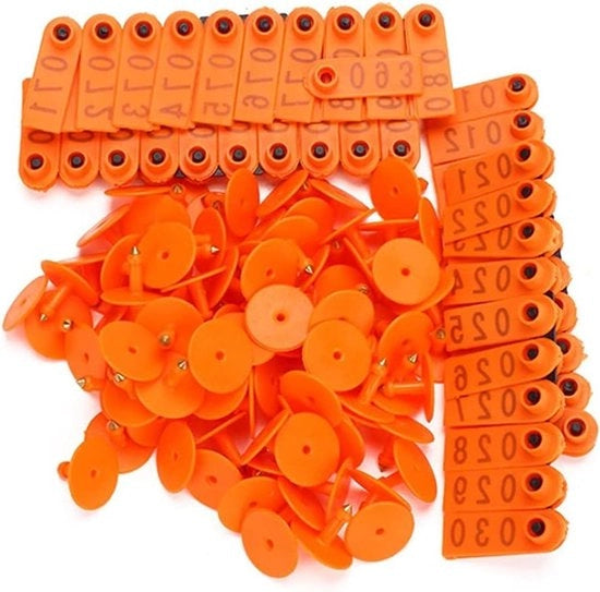 Etichette per Orecchie di Maiale - Plastica - Medio - Arancione - Per la Selezione - Numero - Adatto per Maiale - Pacchetto da 100 Etichette per Orecchie di Maiale Arancioni Medio Plastico per la Selezione di Maiali con Numero 001-100