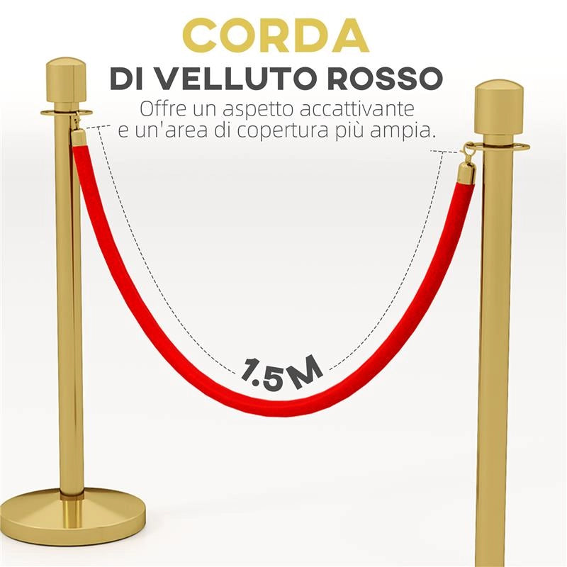 COLONNINE SEGNAPERCORSO IN ACCIAIO INOX ORO CON CORDA VELLUTATA ROSSA DI 1.5 M E BASE RIEMPIBILE Ø 32X96 CM