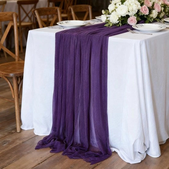 Tavolo decorativo, realizzato con filo fine, adatto per matrimoni, compleanni e decorazioni di eventi; tovaglia di crêpe chiffon, unica pezza, viola scuro, 75x300 cm.