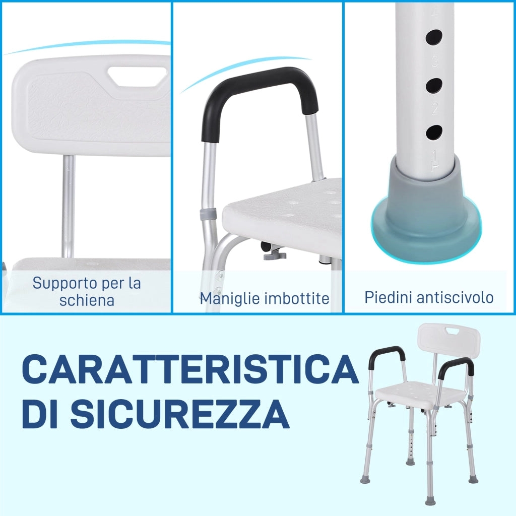 Sedia per Doccia 51,5x51,5x71-84 cm Altezza Regolabile e Piedini Antiscivolo in Alluminio Bianco