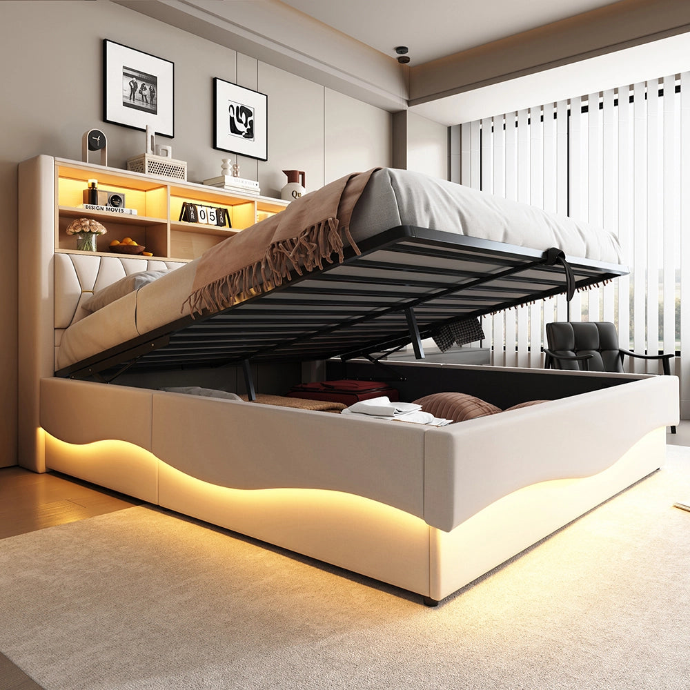 Letto-Xylo-180x200 cm-LED app, USB, metallo, lino beige