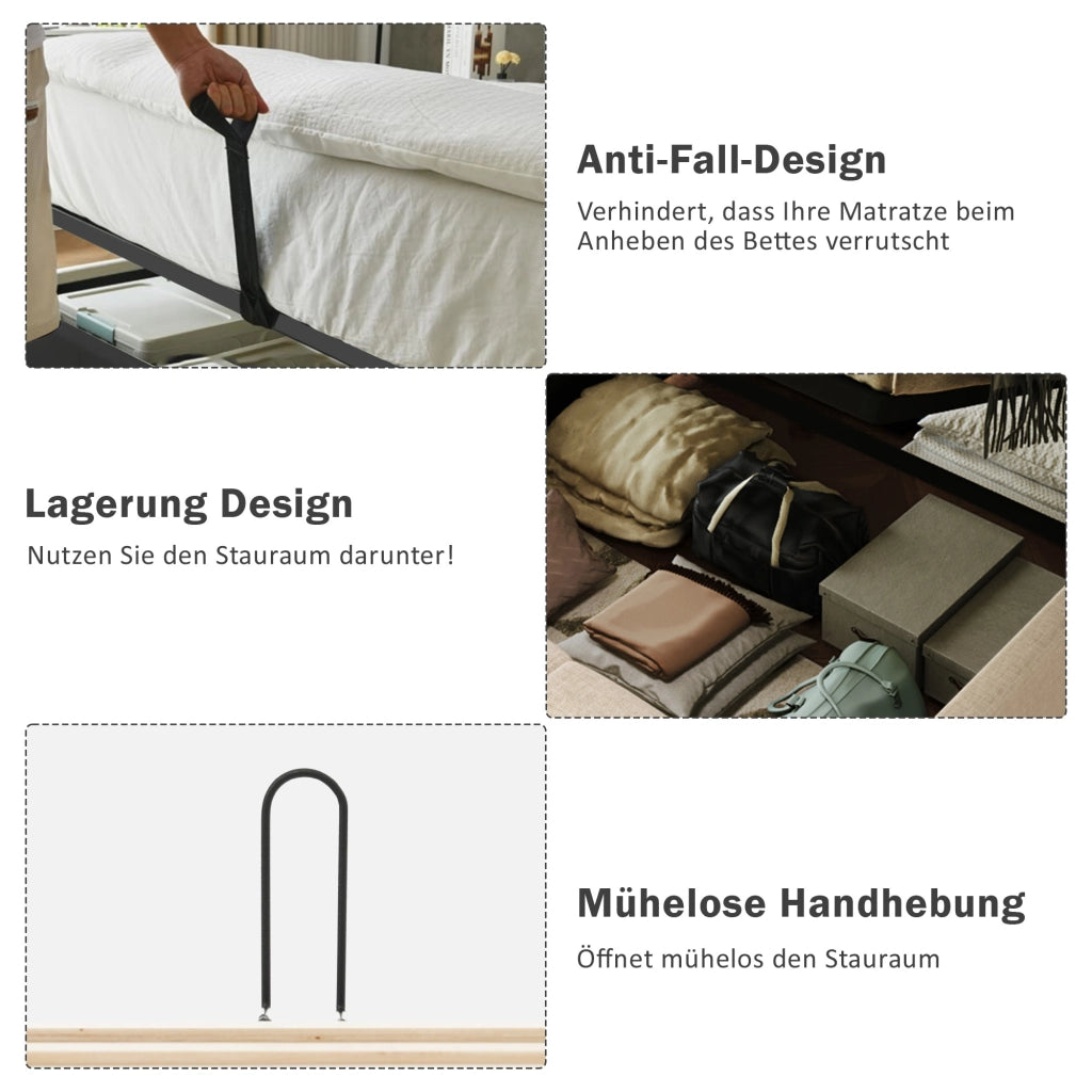 LETTO Contenitore 160x200 cm in Velluto Beige con 2 Comodini e Luci USB