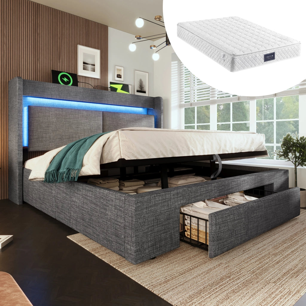 LETTO Contenitore 160x200 cm con testiera LED e porte USB, grigio