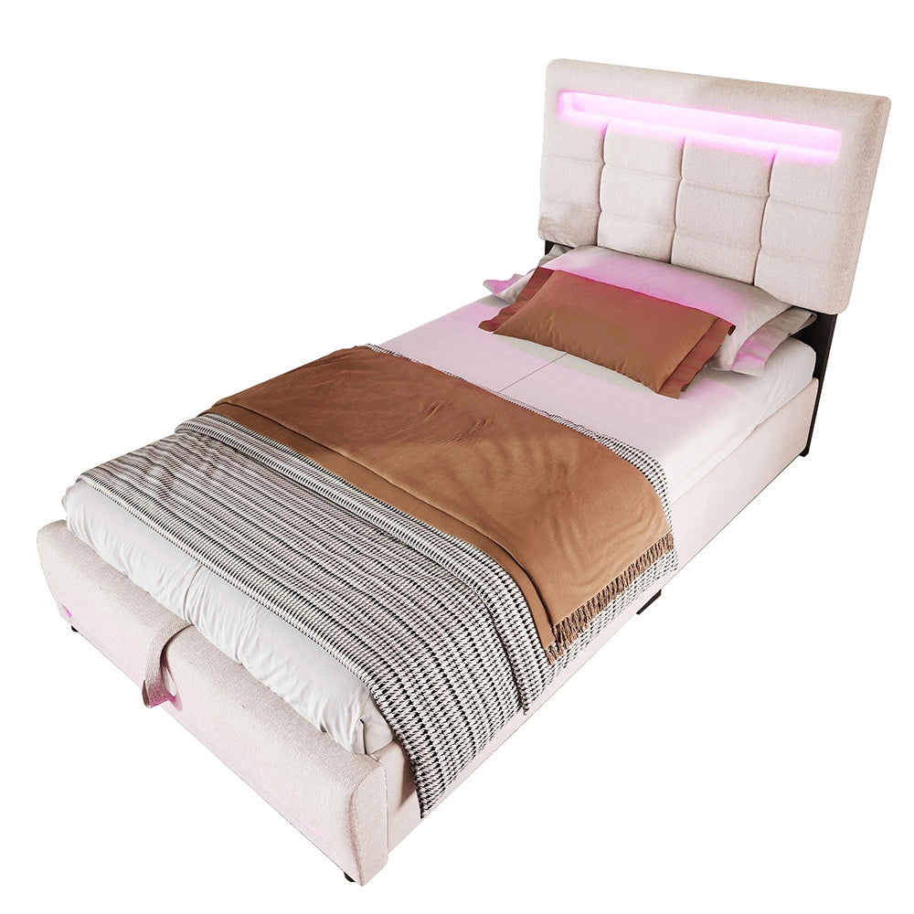 Letto imbottito - Xylo - 90x200 cm LED USB app comando beige