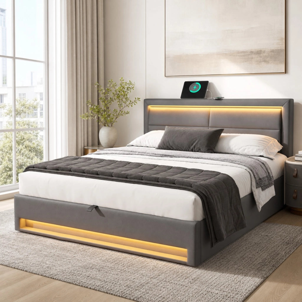 LETTO Imbottito 140x200 cm PU Grigio con USB, LED e spazio contenitore