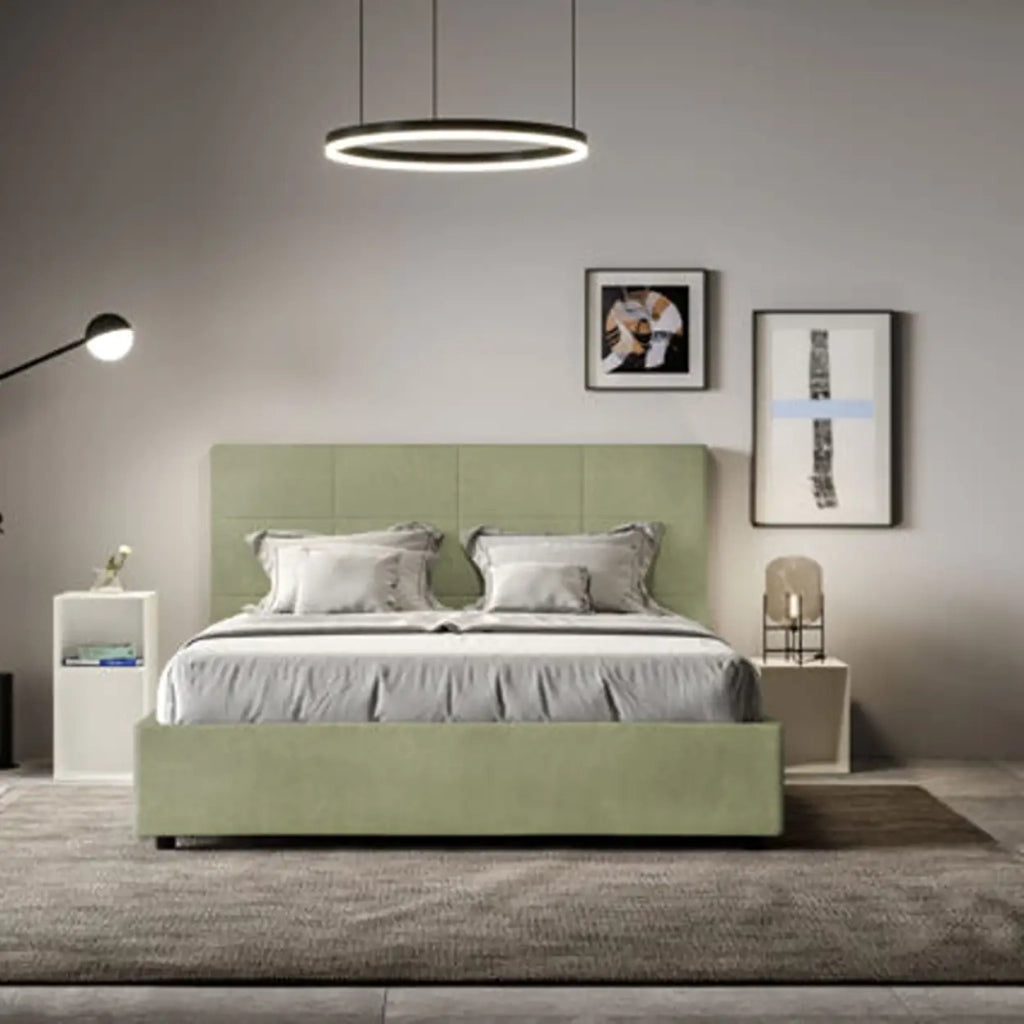 Letto matrimoniale francese con rete imbottito 140x190 microfibra tè verde Mika
