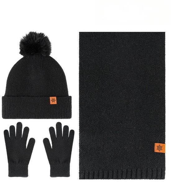 Set invernale per donne, cappello, sciarpa e guanti, a tre pezzi, outdoor e morbido come seta, Nero
