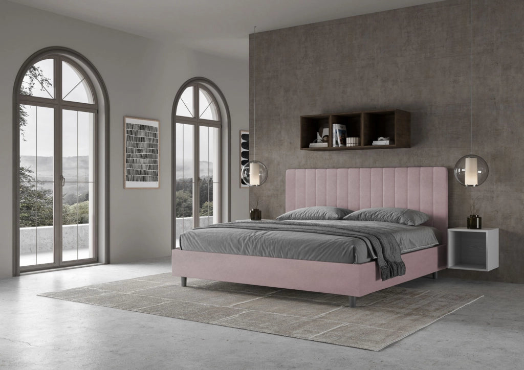 BS COM Letto matrimoniale king size con rete imbottito 180x190 microfibra glicine