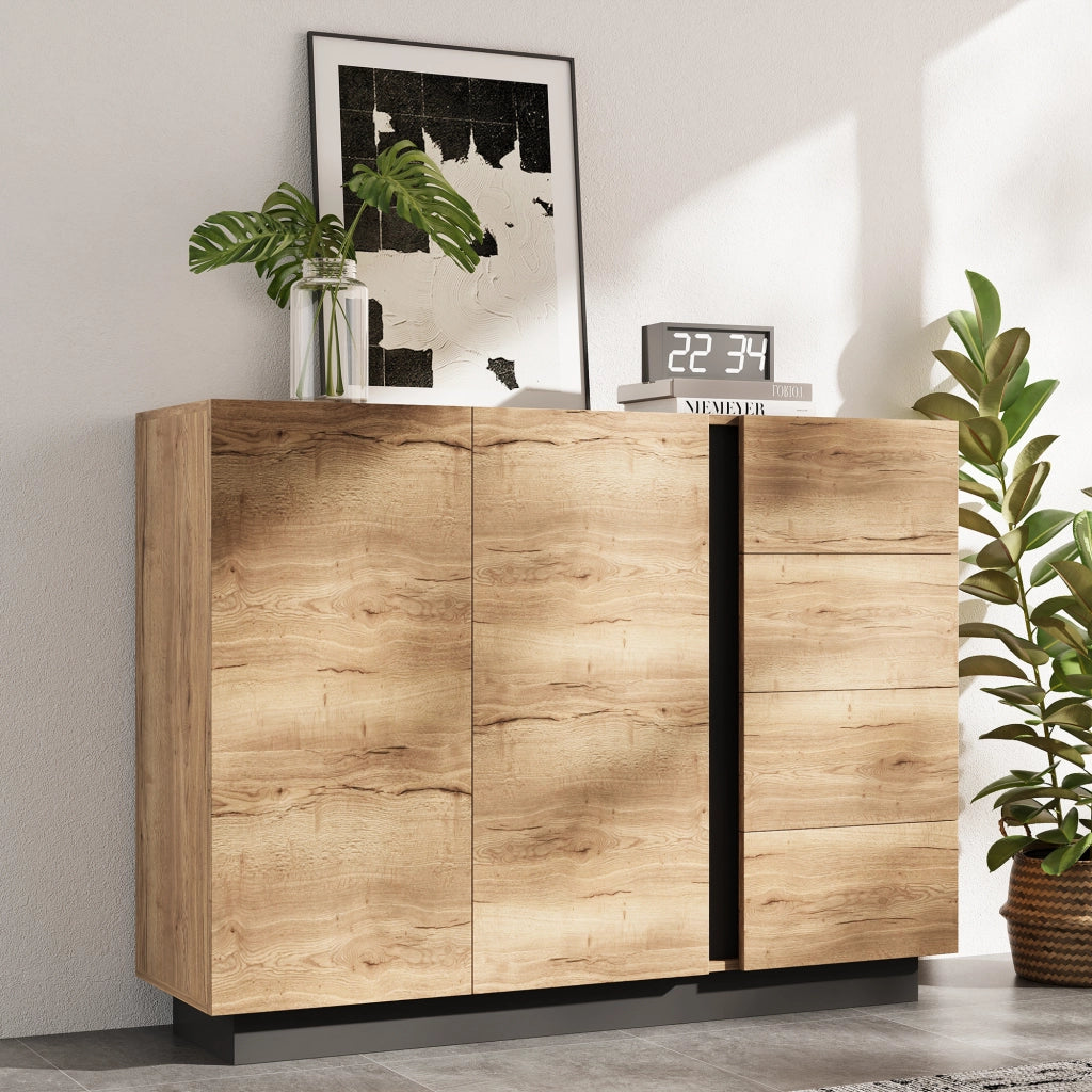 CREDENZA con 4 cassetti e 2 ante 120x35,5x90,5 cm Natural e Nero