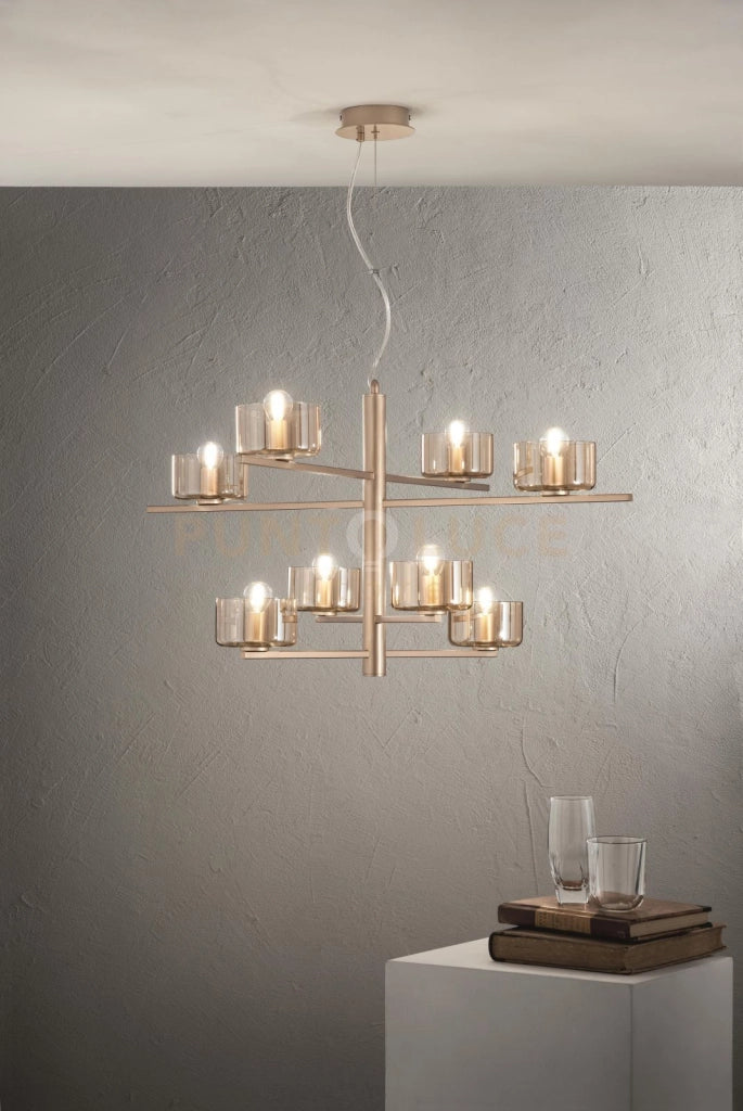 SOSPENSIONE FIGARO 8 LUCI ATTACCO E14 ORO E AMBRA D.94CM H.51CM