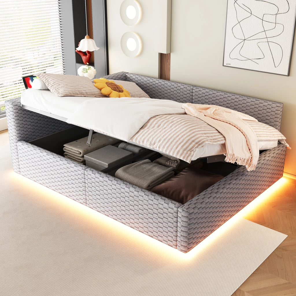 LETTO Contenitore 140x200 cm in velluto grigio con LED e porte USB